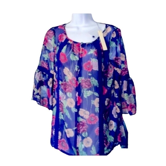 LC Lauren Conrad Womens Boho Blue Floral Chiffon Bell Sleeve Blouse Sz S New - Picture 2 of 7